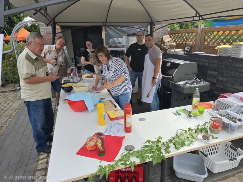 Geselliges Beisammensein an den Tischen beim Sommerfest